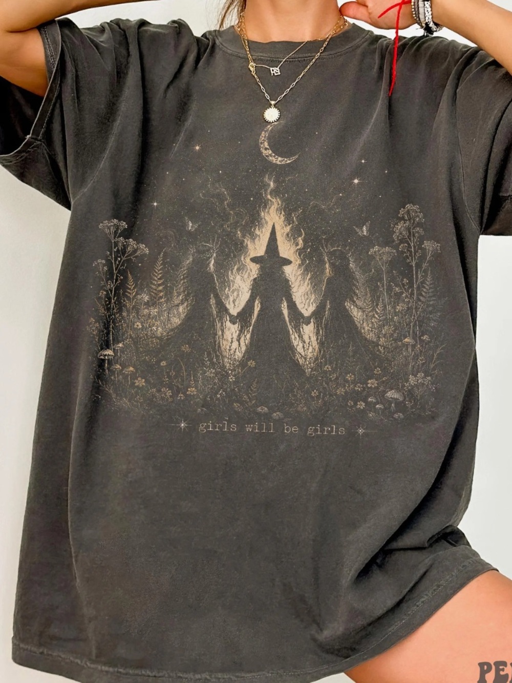 Women’s Black Graphic Witch Tee, Girls Will Be Girls, Retro Outfit For Everyday